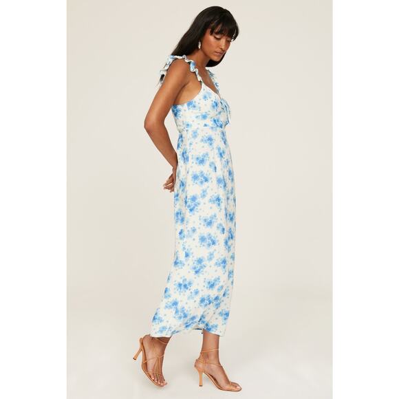 Rixo XS 0-2 Blue White Floral Print Cecile Sleeveless Ruffled Midi Dress print - Picture 2 of 7